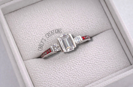 Emerald cut cz shoulder memorial ring